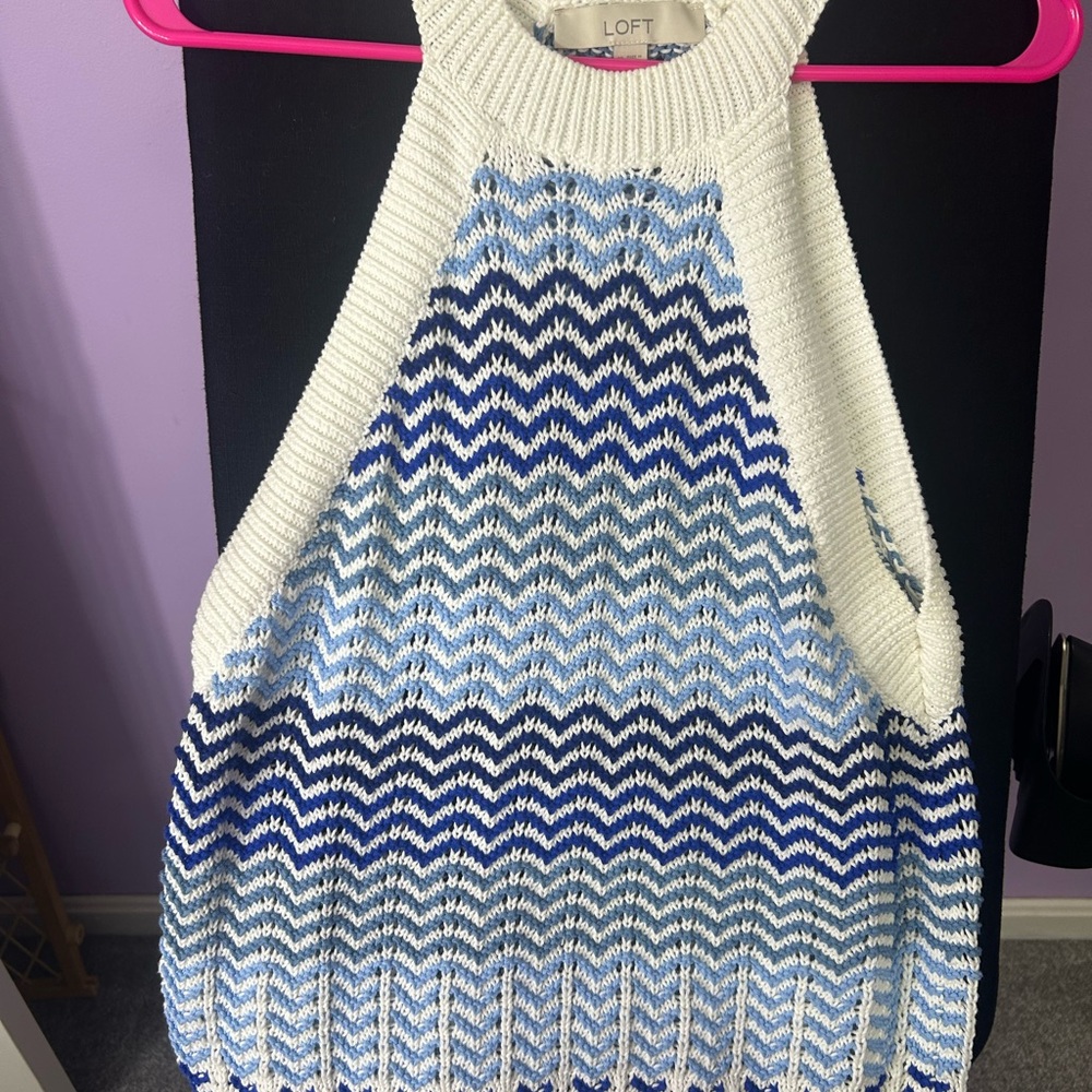 LOFT White and Light Blue Open-Knit Halter Sweater Tank